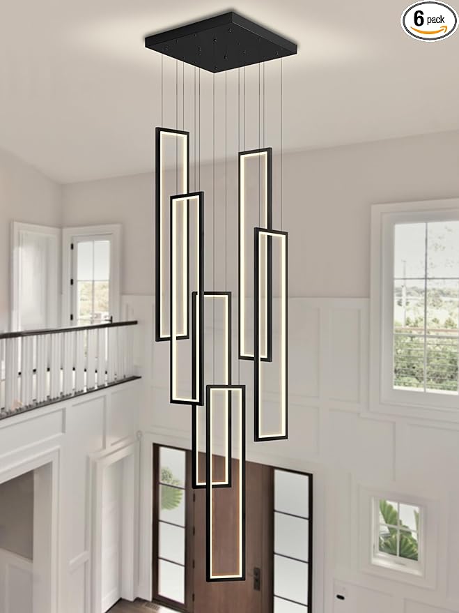 Flashing God Modern Chandelier,Black Chandelier with 6 Ring Led Foyer Chandeliers,Larger High Ceiling Chandelier for Living Room,Rectangle Chandelier for Entryway Staircase LED Dimming 2700k-6001k