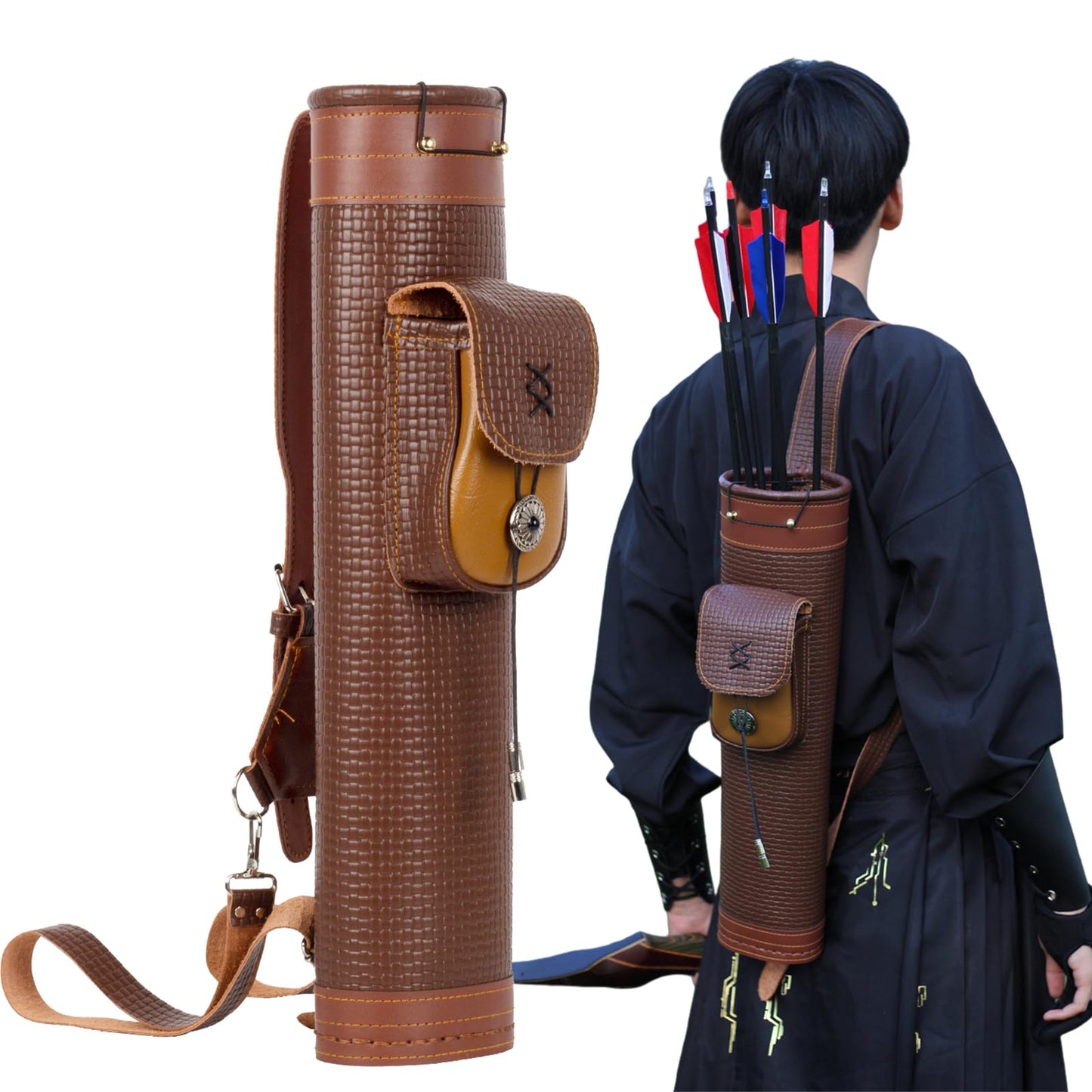 SOPOGER Arrow Quiver Arrow Holder - Handmade Traditional Leather Quiver with Adjustable Strap and Pocket, Archery Shoulder Back Quiver for Arrows Cosplay Bow and Arrow Accessories