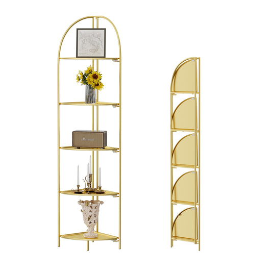 Crofy Foldable 5 Tier Corner Shelf, Metal Corner Plant Stand with Gold Frame and Gold Shelves, Corner Display Rack Multipurpose Shelving Unit for Living Room, Bedroom, Bathroom