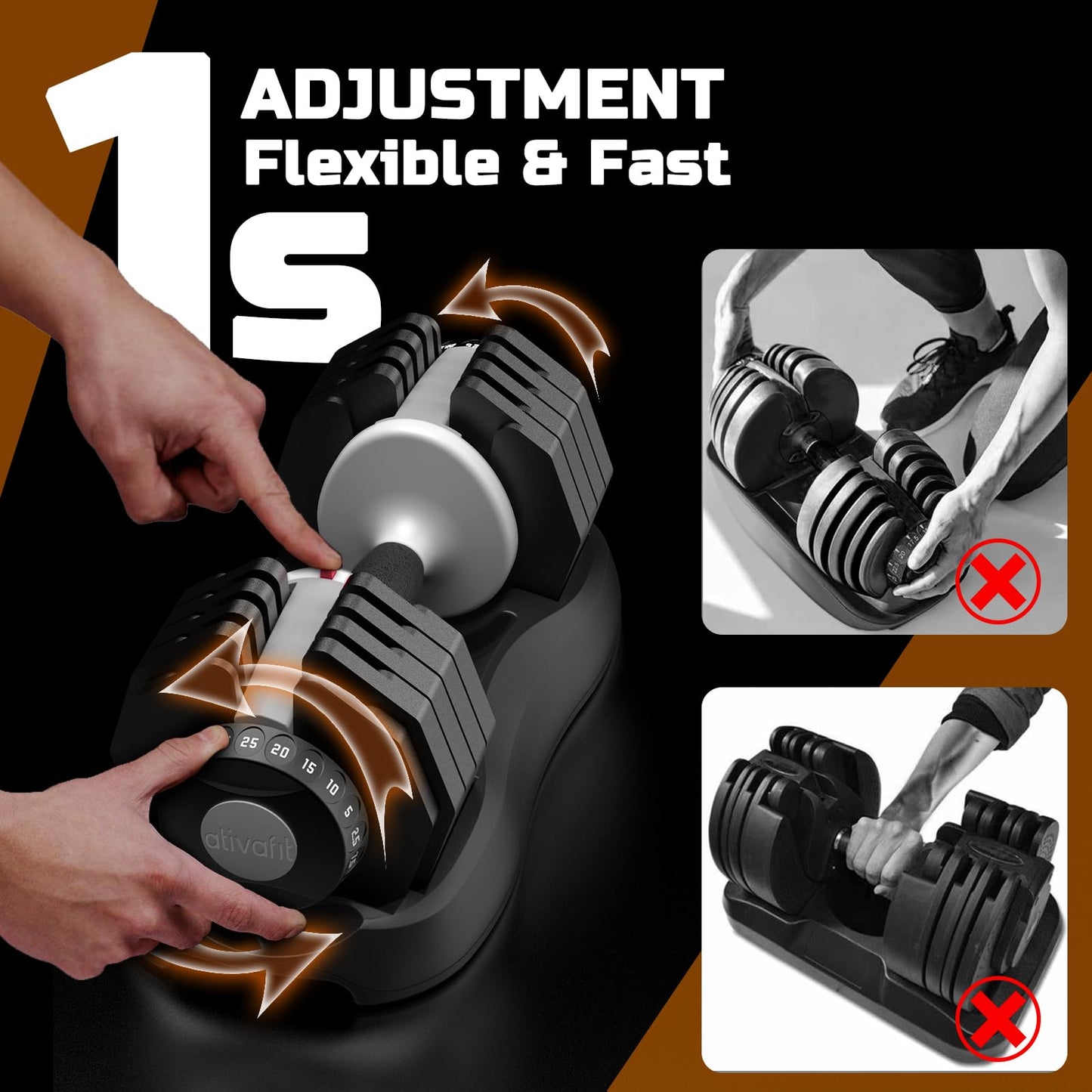 ATIVAFIT Adjustable Dumbbell 25KG Single Smart Hand Weight for Anti-Slip Handle Full Body Strength Training and Weight Lifting Equipment for Home Gym Office Workout