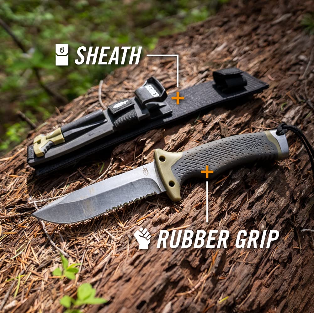 Gerber Gear Ultimate Survival Knife, Fixed Blade Knife with Combo Edge, includes Fire Starter Edge and Ferro Rod, Whistle, Sheath with Integrated Sharpener - Bushcraft, Hunting and Camping Tool