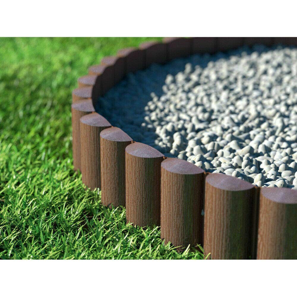 Grey Lawn Edging Border Palisade - 2.5 metres / 8.2 ft Long - Garden Fencing with Wood Log Texture and Ground Stakes for Landscaping, Flower Beds, Patio, Lawn, Pavement Edge