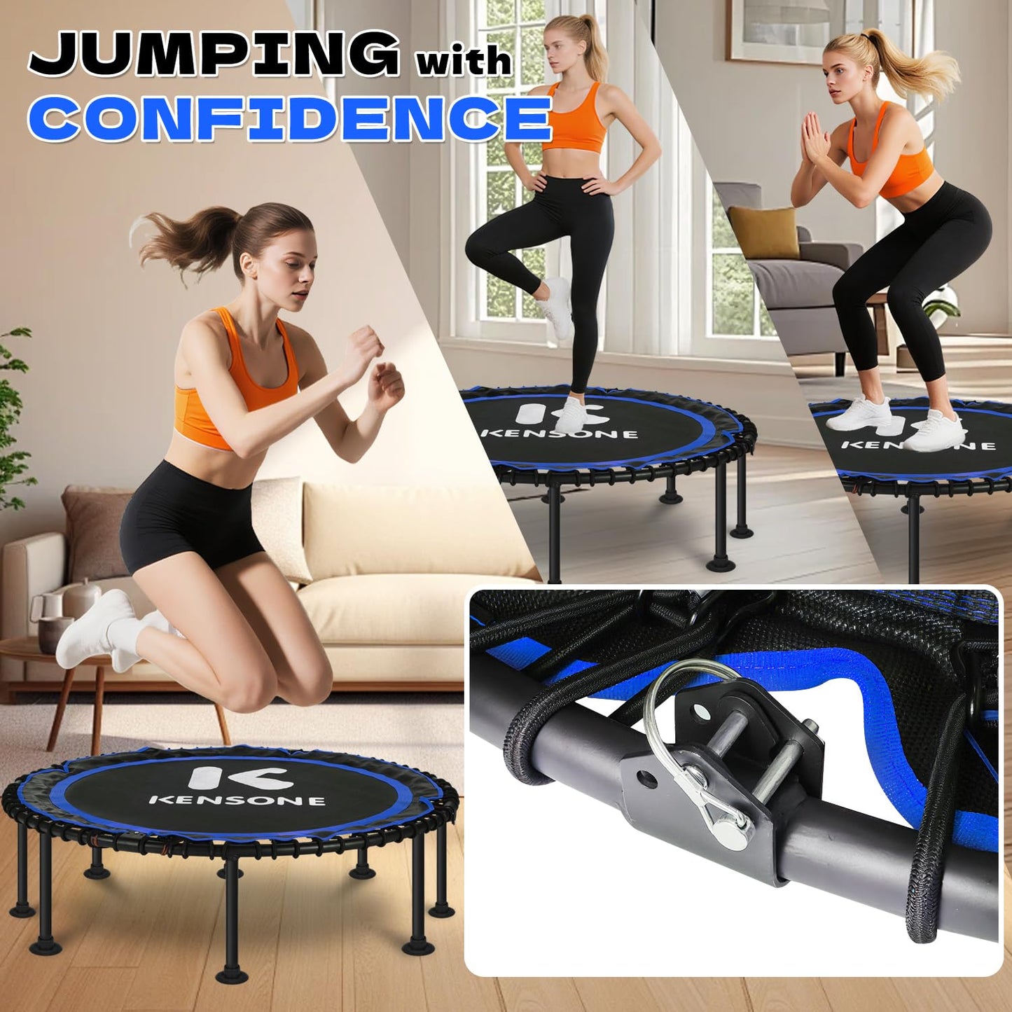 K KENSONE 48" Foldable Rebounder Trampoline for Adults with Bungee, 550 LBS Quiet Indoor Mini Trampoline for Adults Fitness, Gym Workout, Home Exercise, Blue