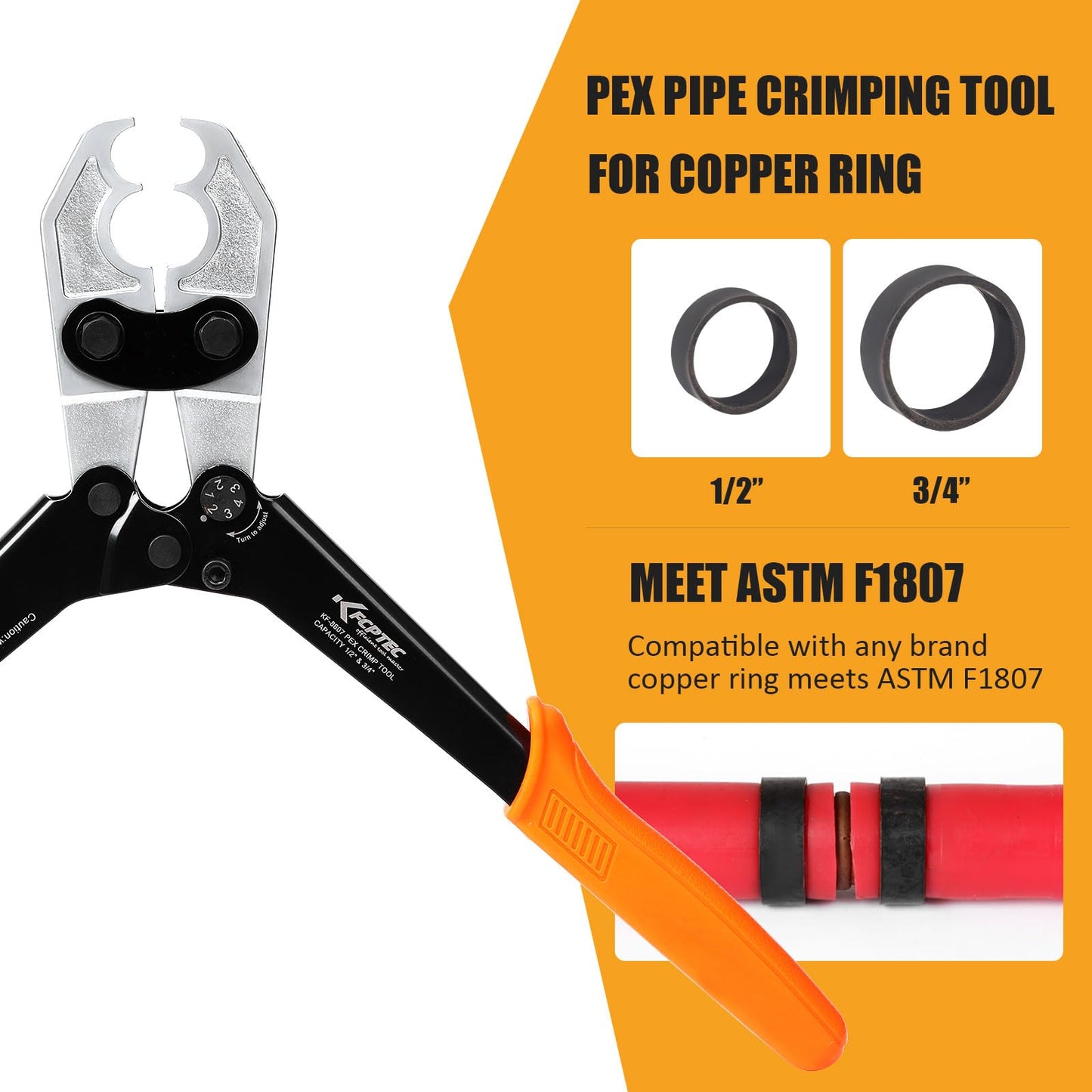 KF CPTEC PEX Crimping Tool 1/2 & 3/4 Inch Combo, PEX Crimp Tool for Copper Crimp Rings with Go/No-Go Gauge, Meets ASTM F1807 Standard, Durable PEX Plumbing Tool
