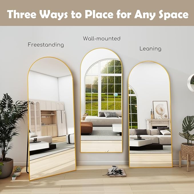 Arched Floor Mirror, 76 "x 34" Full Length Mirror Wall Mirrors Hanging or Leaning Arched-Top Full Body Mirrors with Stand for Bedroom, Dressing Room, Gold
