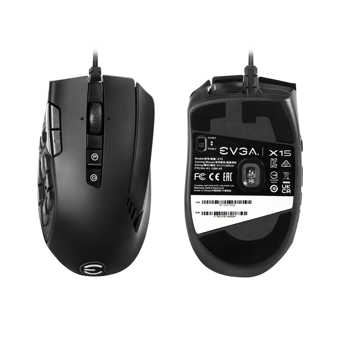 EVGA X15 MMO Gaming Mouse, 8k, Wired, Black, Customizable, 16,000 DPI, 5 Profiles, 20 Buttons, Ergonomic 904-W1-15BK-KR