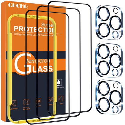 QHOHQ for iPhone 16 Pro Screen Protector with Camera Lens Protector, [Military Grade Shatterproof], Top 9H+ Tempered Glass, Full Edge Coverage, Ultra Durable, with Easy Installation Tool [3+3 Pack]