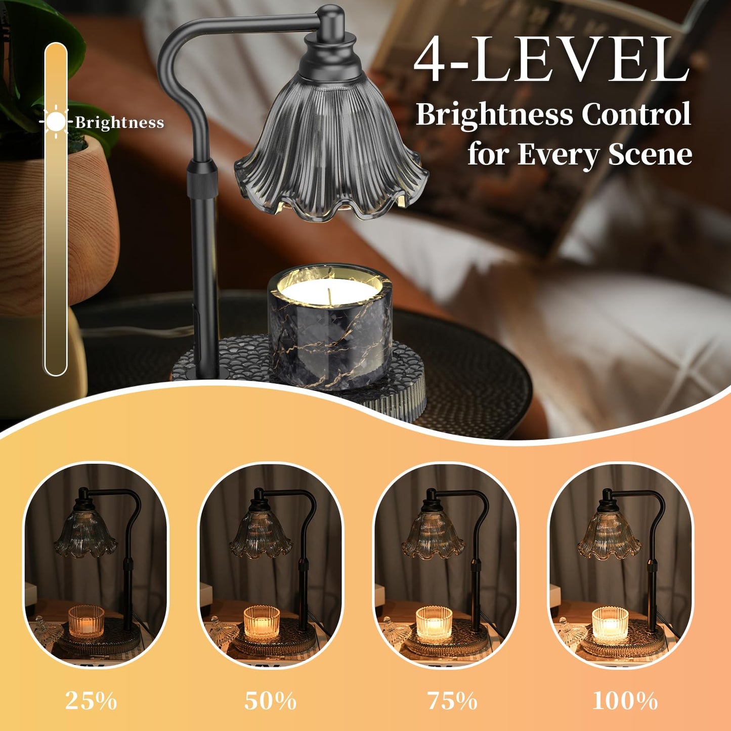 WYghyronic Candle Warmer Lamp with Adjustable Height - Flameless 4-Level Dimmable Wax Warmer, Timer Function & Stylish Design in Multiple Colors（Black）