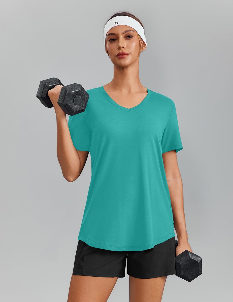 PINSPARK Moisture Wicking Shirts for Women Short Sleeve V Neck Quick Dry Workout Tops Athletic Gym Running T-Shirts Cooling,Teal Small