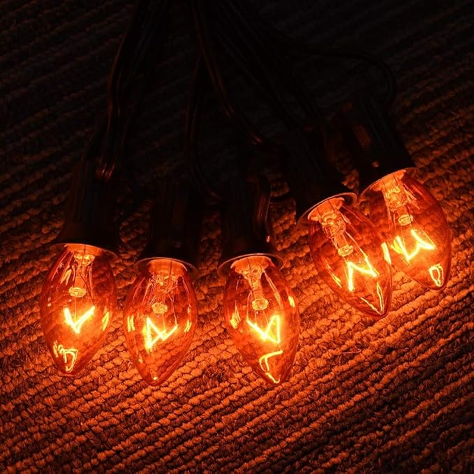 C7 Halloween Orange String Lights, 25Ft Outdoor Halloween Decorations Lights with 27 Clear Orange Bulbs, Vintage Christmas Lights for Roofline Patio Cafe Party Decor- Black Wire