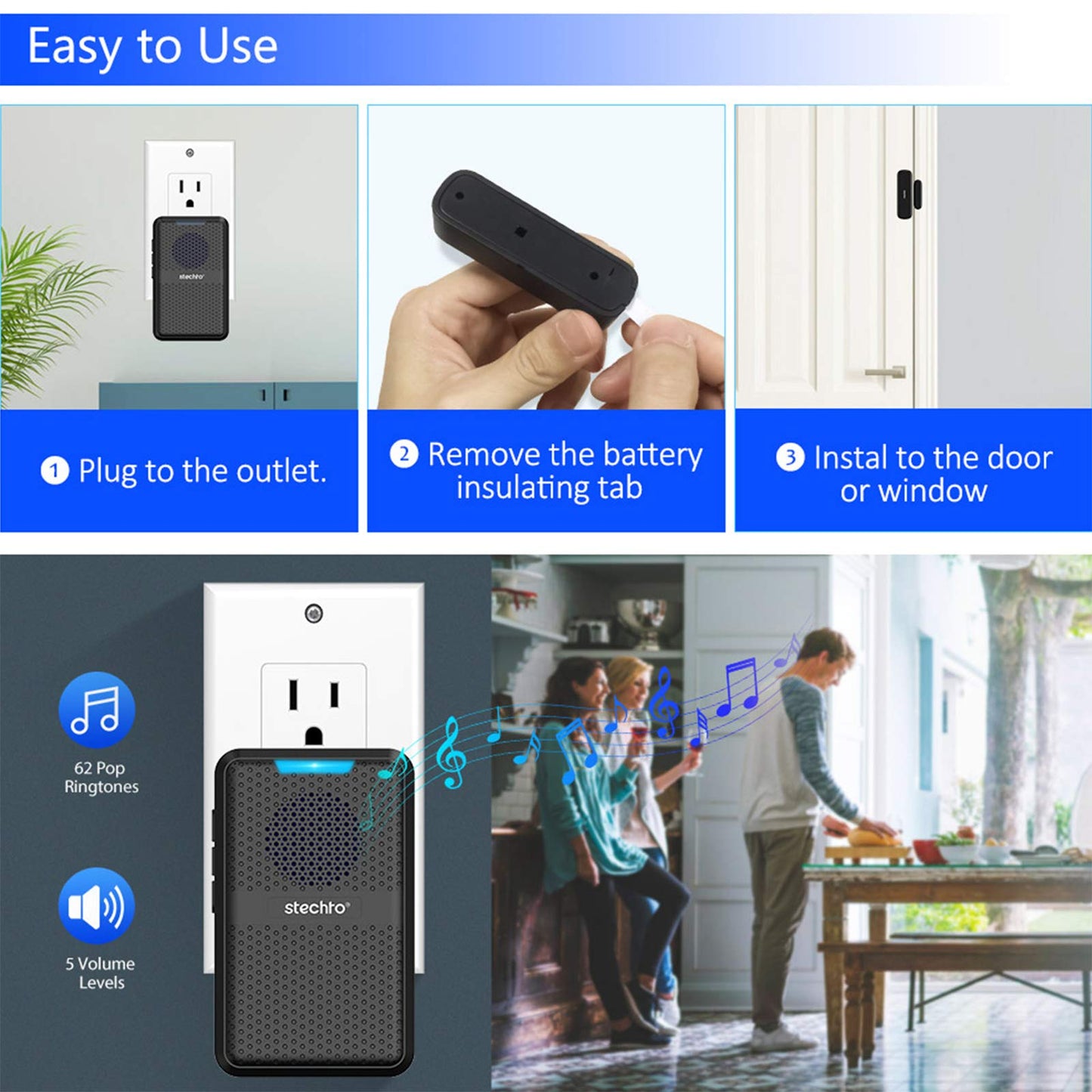 STECHRO Wireless Door Chime, 600Ft Range 5 Adjustable Volume 1 Magnetic Door open Contact Alarm with 62 Chimes Mute Mode Door Bell Plugin Receiver for Home/Office/Store (Black)