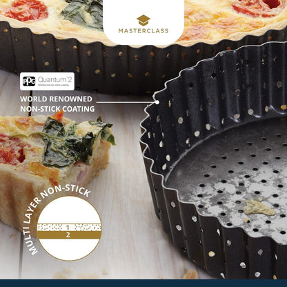 MasterClass KCMCCB39 Crusty Bake 20 cm Perforated Quiche Tin with PFOA Non Stick and Loose Bottom, Fluted, Robust 1 mm Carbon Steel, Grey