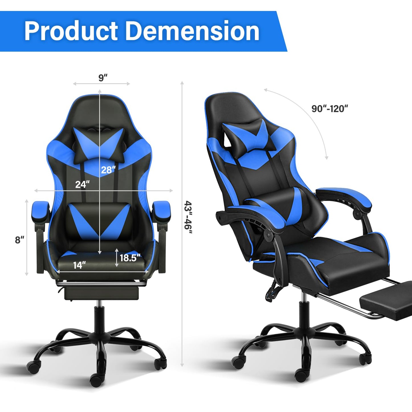 Gaming Chair, Backrest and Seat Height Adjustable Swivel Recliner Racing Office Computer Ergonomic Video Game Chair with Footrest and Lumbar Support, Black/Blue