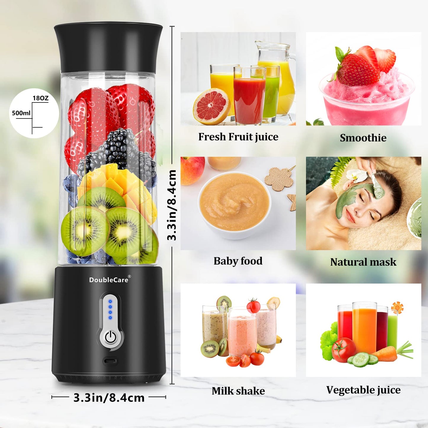 Portable Blender Cup,Electric USB Juicer Blender,Portable Juicer For Shakes and Smoothies, juice,380ml, Six Blades Great for Mixing,light purple