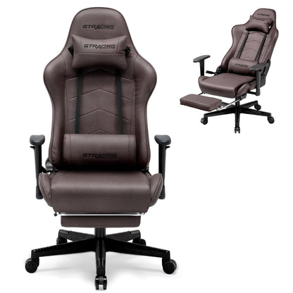 GTRACING Gaming Chair with Footrest, Racing Style Computer Chair for Adult, Adjustable Reclining Backrest and Lumbar Support, Stylish High Back Chair for Gaming and Office (Brown)