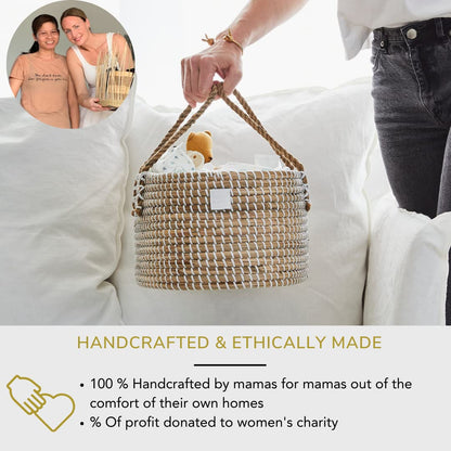 BEBE BASK Premium Baby Diaper Caddy Organizer - Handmade - Seagrass Basket With Cotton Divider - Award-Winning & Luxury Diaper Caddy Basket - White (NATURAL)