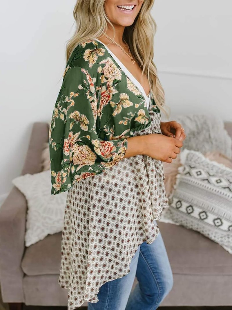 Women's Floral Tie Front Kimono Cardigan - Lightweight Ruffle 3/4 Sleeve Boho Beach Cover Up