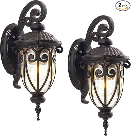 18in Dusk to Dawn Outdoor Wall Light for House, Bronze Exterior Wall Lantern for Garage, Aluminium Porch Door Lights Fixture with Clear Seeded Glass Shade for Entryway, Front Door