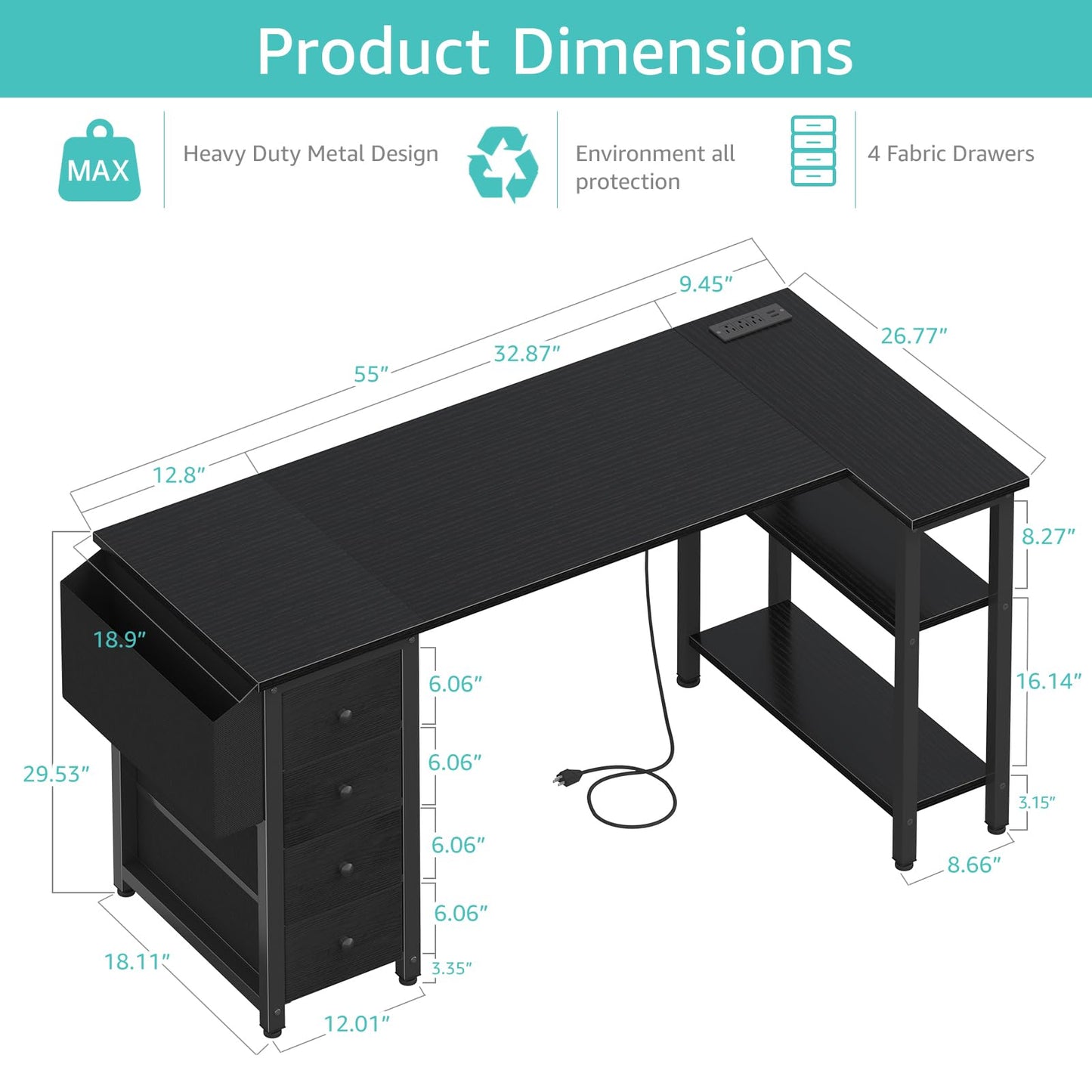 Lufeiya L Shaped Gaming Desk with Drawers & Storage Shelves, 55 Inch Corner Computer Desk with Power Outlet for Home Office Bedroom, L-Shaped Teen PC Desks with Fabric Drawer, Black