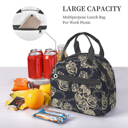 bassyil Skull Insulated Lunch Bag Reusable Lunch Box With Adjustable Shoulder Strap Cooler Tote Bag For Men Women