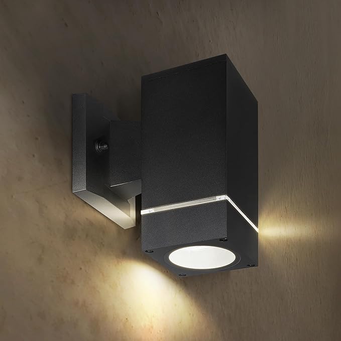 ASD 1 Light Square Outdoor Wall Light Fixture | 60W E26 Bulb Socket 120V ETL Cylinder Up Down Lights | LED/CFL/Incandescent Bulb Exterior Wall Sconce | Front Door, Porch Patio | Ringed Black