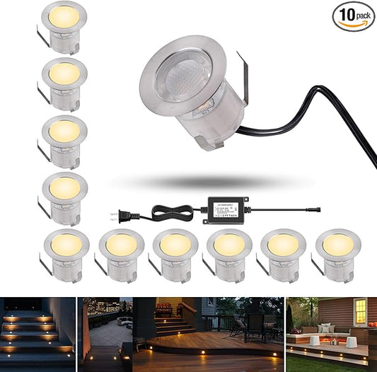 RNEHON LED Deck Lights Kit, Waterproof IP67 Deck Lamp Low Voltage 10 pcs Warm White LED In-ground Lighting Outdoor Garden Yard Pathway Patio Step Stairs Landscape Decor Lamps