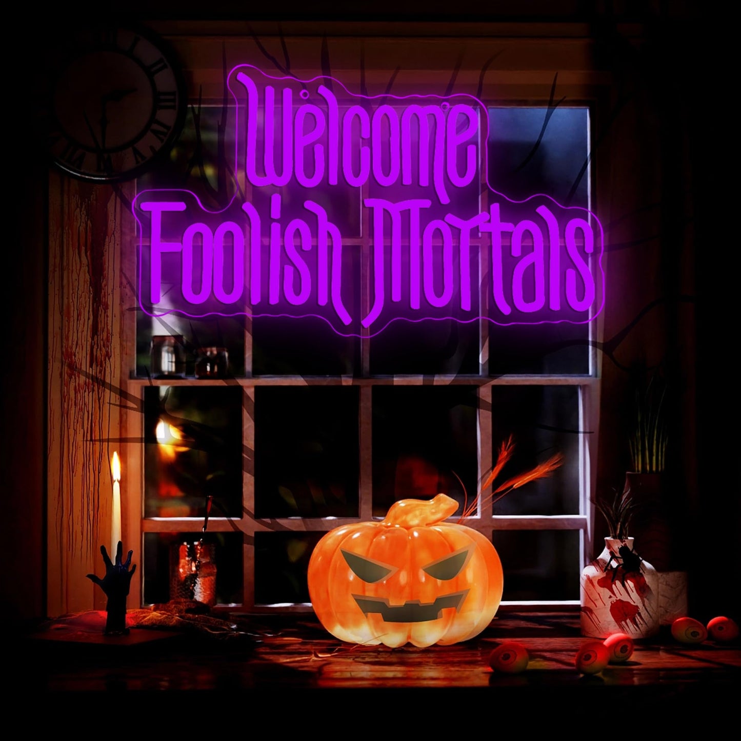 Welcome Foolish Mortals Neon Sign,Dimmable Spooky Gothic Haunted Mansion Decor Coffin LED Neon Signs for Wall Decor,USB Powered Led Neon Light for Party Haunted House Man Cave Birthday Christmas Gifts(16.1*9.4in) (Purple)