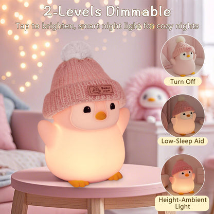 FAMIDUO Penguin Night Light, Cute Pink Penguin Lamp with Knit Hat, Soft Silicone Nursery Nightlight for Baby, Rechargeable/Dimmable/Timer,LED Squishy Novelty Animal Bedside Lamp,Funny Gifts for Kids