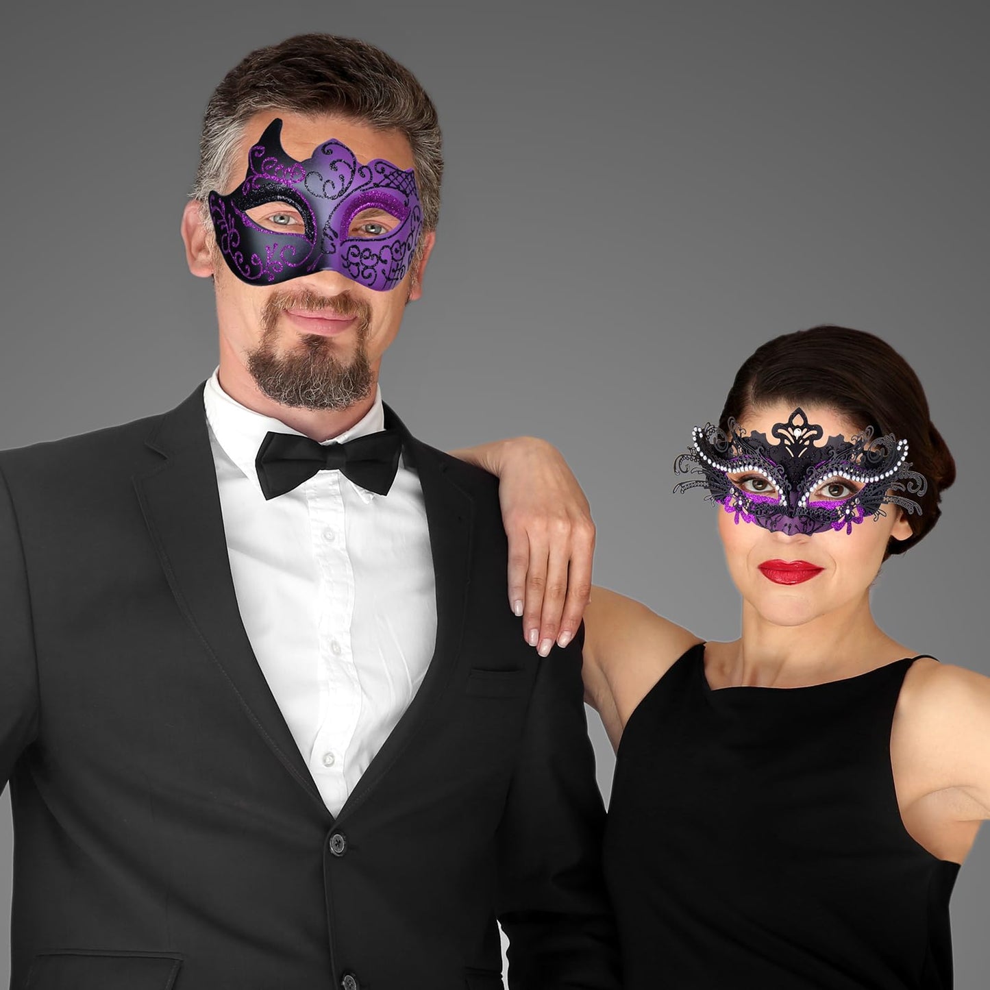 MYSEUNI Purple Masquerade Mask Couples Set - Venetian Mask Women & Mens Venetian Mask for Mardi Gras,Mascarade Ball Prom, Halloween Party Carnivals
