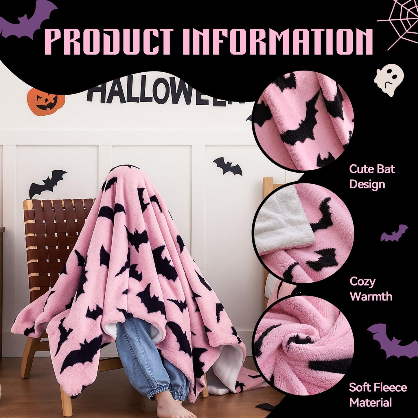 weigelia Halloween Throw Blanket - Pink Cute Bat Design Fleece Throw for Decorating Couch Bed Sofa, Soft Cozy Plush Halloween Blanket Gift for Kids Women, 50'' x 60''