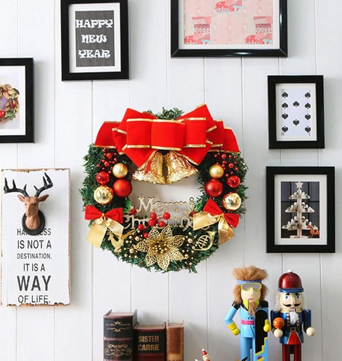 H&W Small Christmas Wreath (11.8 Inch / 30 cm) for Front Door Wall Windows Artificial Poinsettia Xmas Decoration with Tinkle Bell Bowknot and Small Ornaments (MC7-D1)