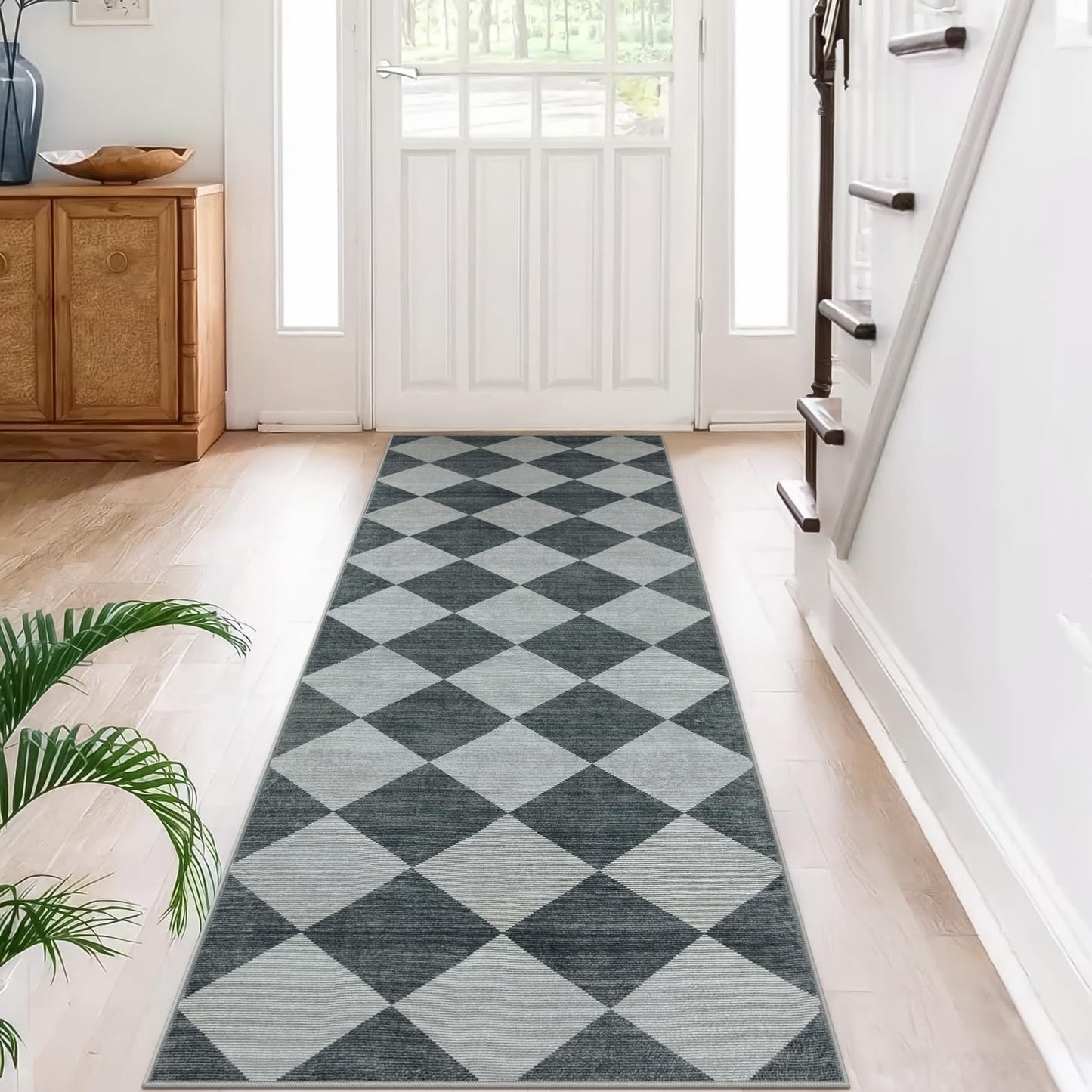 Beeiva Checkered Print Hallway Rug 2x6, Ultra Thin Kitchen Rug Runner Non Slip Washable Carpet Runners for Hallway 6ft, Modern Diamond Stain Resistant Floor Carpet for Bathroom Bedroom Entryway
