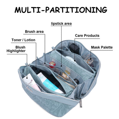 BOYATU Travel Makeup Bags Cosmetic Organizer Bag: 3-Set Large Capacity Make up Bag - PU Leather Toiletry Bags for Women - Wide Open Portable Pouch with Divider & Handle (01-Light Blue)