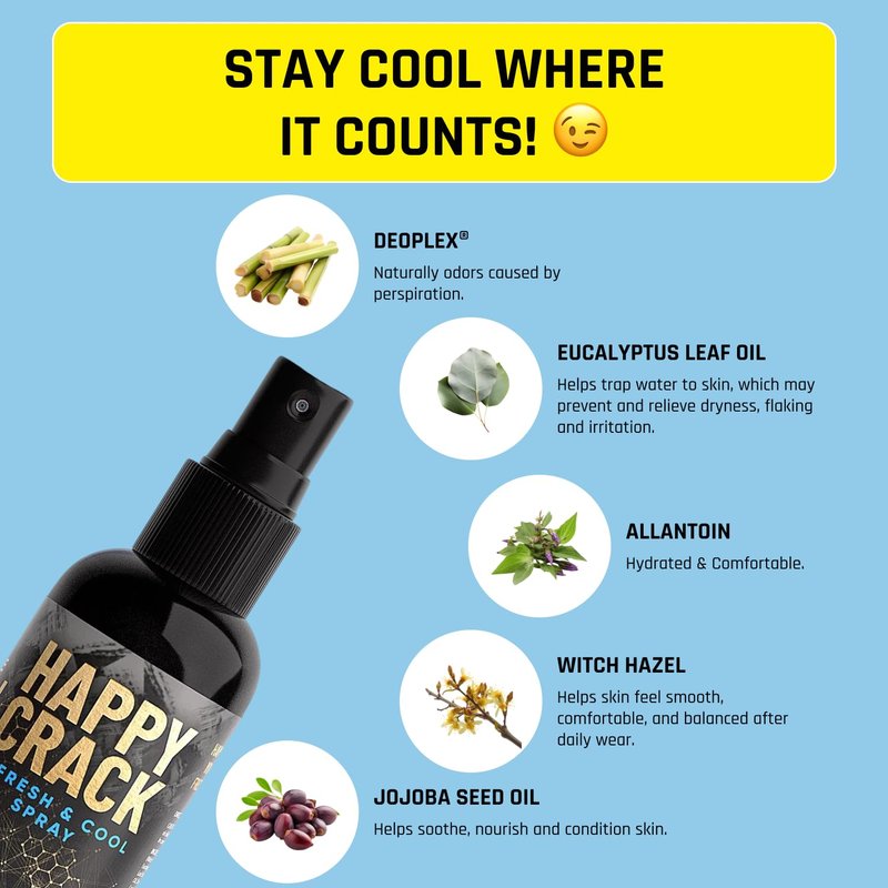 Derm Dude Happy Crack Refresh & Cool Body Spray | Minty Fresh Deodorizing Spray for Body & Skin | Odor Control with Witch Hazel & Natural DeoPlex | Soothing, Cooling & Fast-Drying | 2 oz (1 Pack)