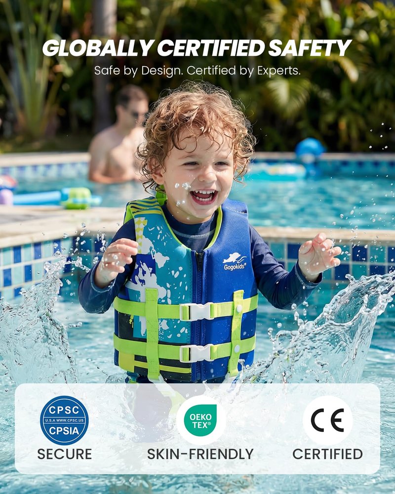Gogokids Toddler Swim Vest, Premium Swim Vest for Kid Swimming Jacket for 30-40-50-60-70-80 Lbs Girls and Boys, Toddler Floaties Swimming Aid with Dual Safety Strap for 2-9 Years in Pool/Puddle/Beach