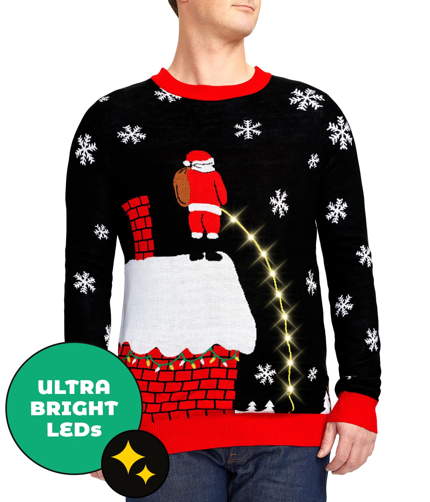 Tipsy Elves Men's Light Up Ugly Christmas Sweater Leaky Roof Santa Taking a Leak LED Pullover Size XX-Large