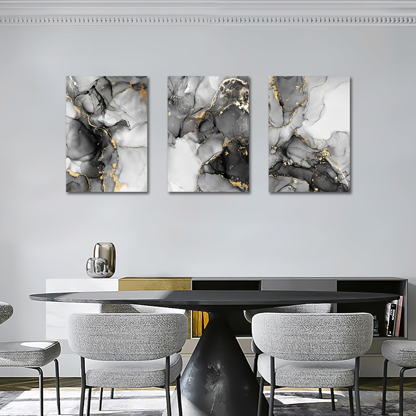 FajerminArt 3 Panels Framed Canvas Wall Art Marble Gray Gold White Pictures Printing Painting Poster Canvas Prints Wall Decor for Bedroom Living Room Bathroom Office Ready to Hang 40x60cmx3Pcs