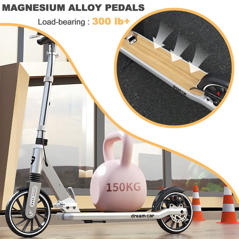 CUIOT Scooter for Kids 8-12, Teens and Adults, Folding Kick Scooter with Adjustable Height, 8IN Big Wheels Scooters W/Anti-Shock Suspension, Up to 300 Lbs, Bearing ABEC9 (Silver)
