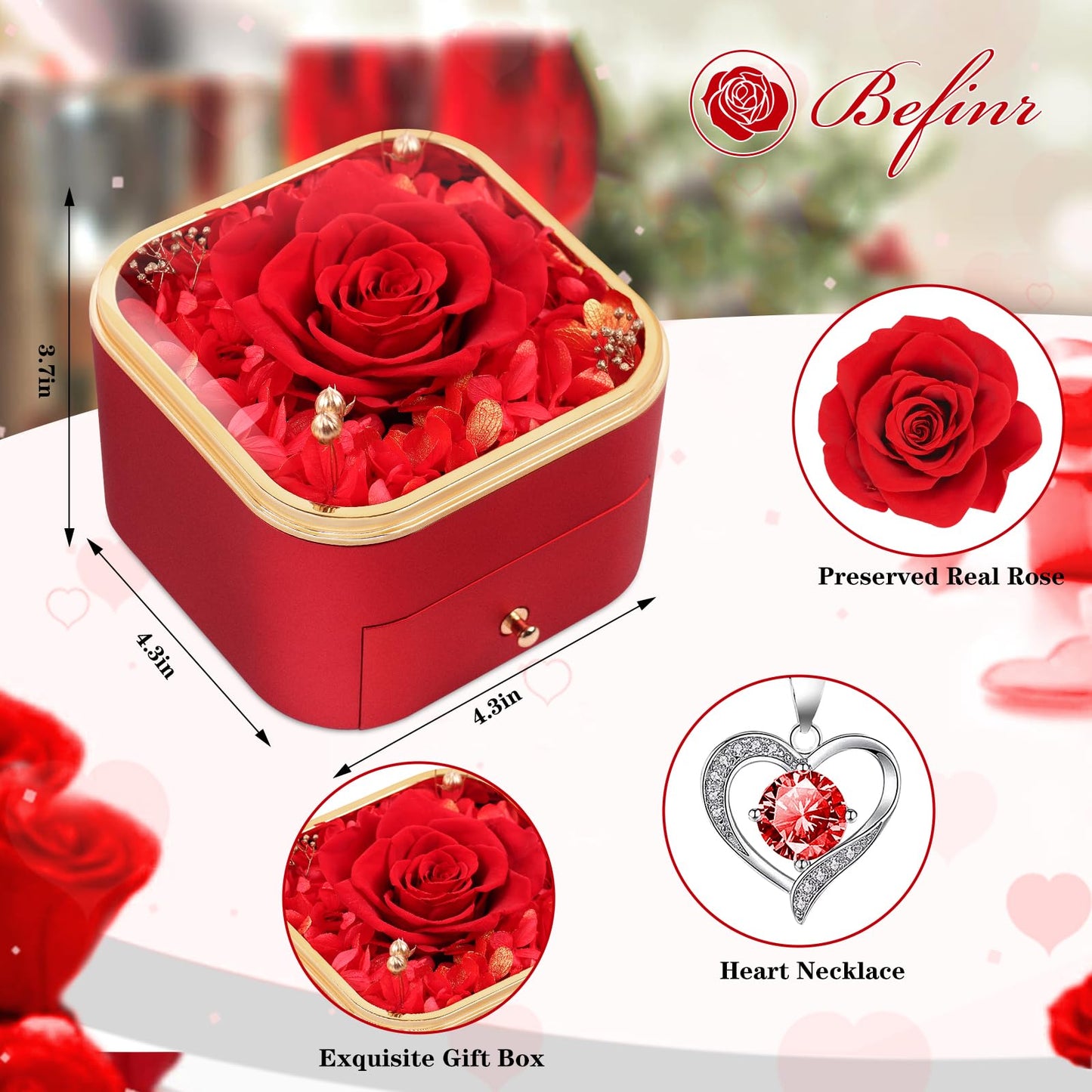 Beferr Valentines Day Gifts for Her Preserved Real Rose with Necklace Eternal Roses Forever Flowers for Delivery Prime Mothers Anniversary Birthday Gifts for Women Mom Grandma Wife Daughter Girlfriend