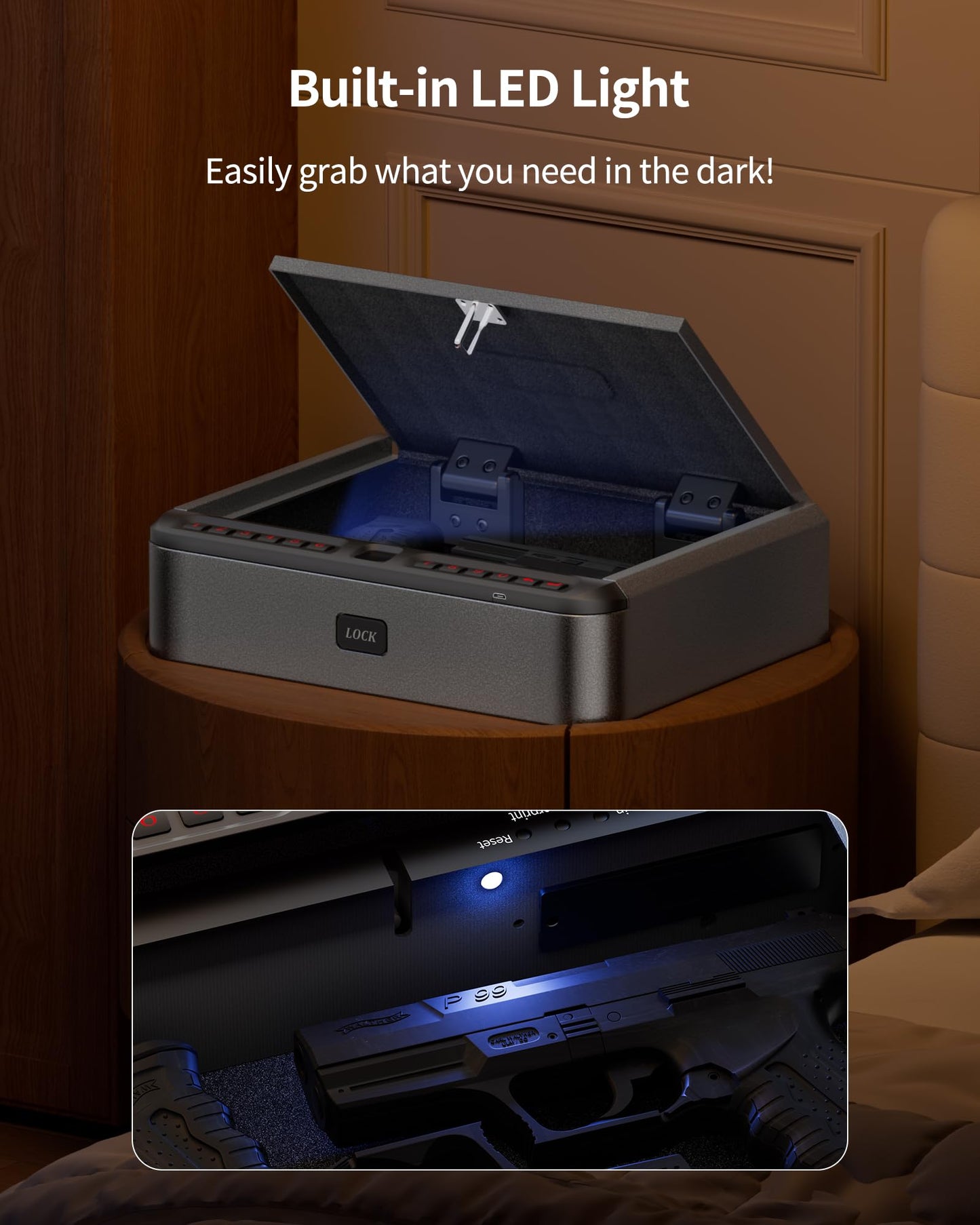 BILLCONCH Gun Safe for Handgun - Biometric Gun Safe 4 Ways Quick Access with Fingerprint/Full-digital Keypad/Key/APP Lock Handgun Pistol Safe for Nightstand Bedside Home