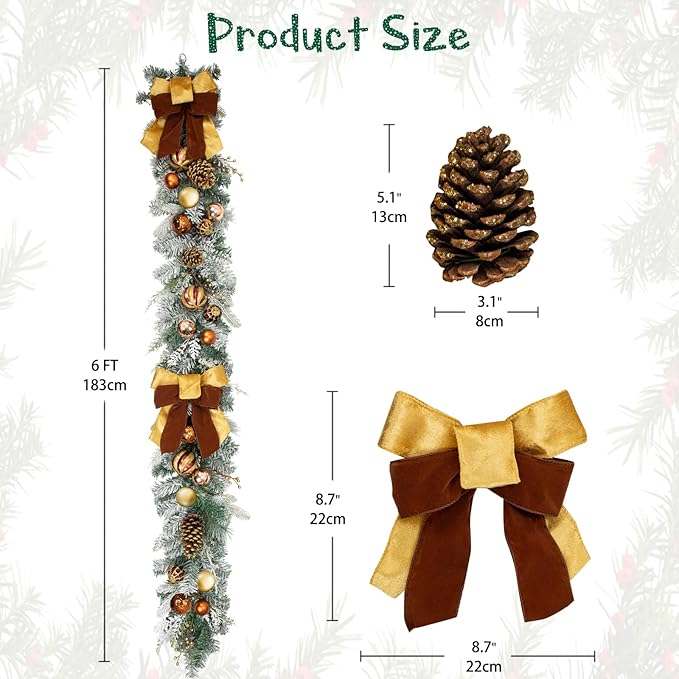 Christmas Garland for Front Door, 6 Foot Artificial Unlit Winter Garland with Pine Cones, Berry Clusters, Bronze Ball Ornaments and Ribbons for Thanksgiving Holiday Christmas Decoration