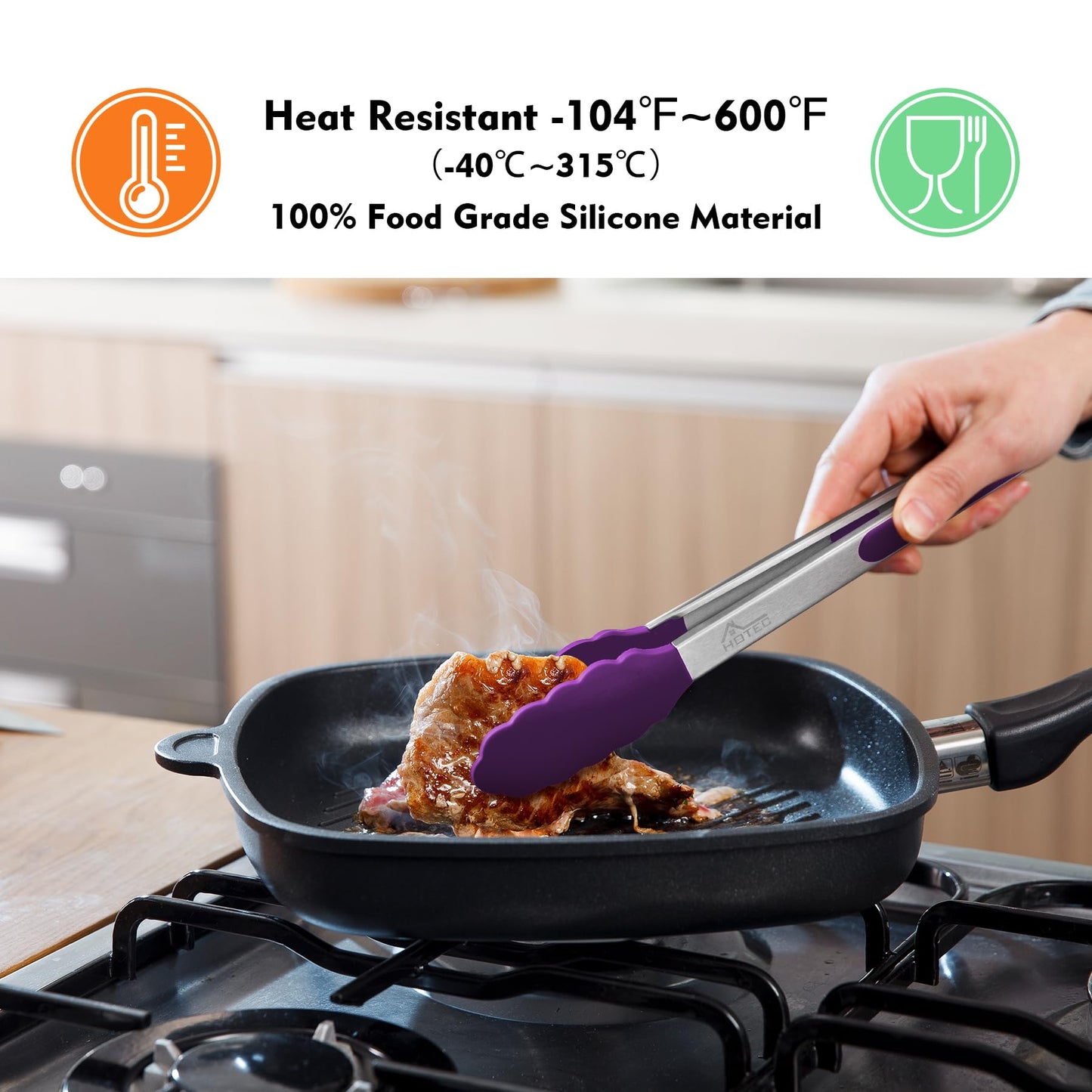 HOTEC Premium Stainless Steel Locking Kitchen Tongs with Silicon Tips, Set of 3-7", 9" and 12" (Purple)