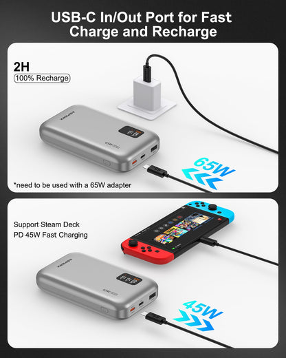 AsperX 65W Power Bank, 20,000mAh Laptop Portable Charger, PD 3.0 Fast Charging Travel Essential USB C Battery Pack for MacBook,iPhone 17/16/15/14 Series,Galaxy S24,Dell XPS, Switch,ipad,Steam Deck