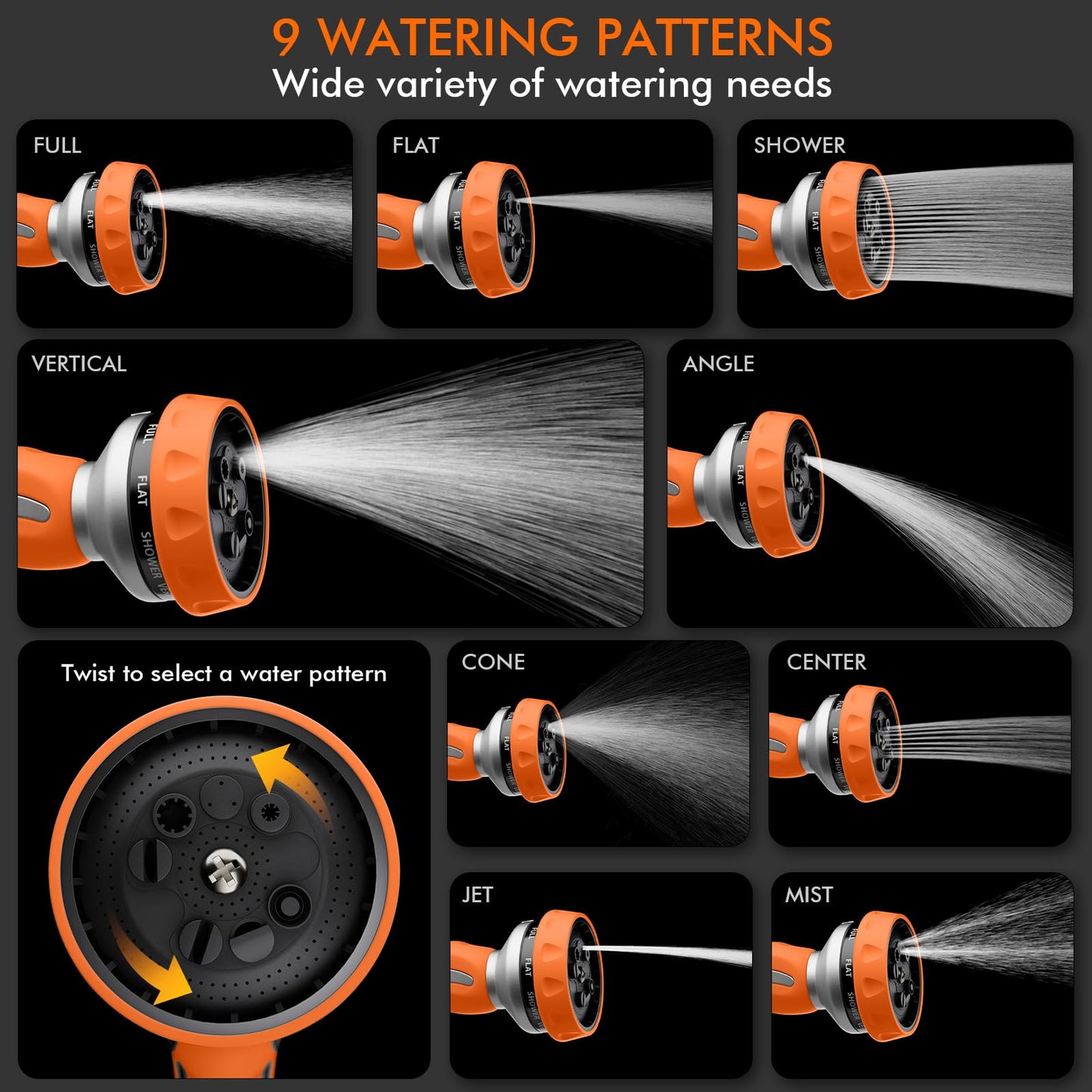 RESTMO Hose Nozzle Heavy Duty, Metal Water Hose Sprayer for Garden, 9 Spray Patterns | High Pressure | Thumb Flow Control | On/Off Valve, Ideal for Lawn & Plant Watering, Car & Pet Washing, Orange