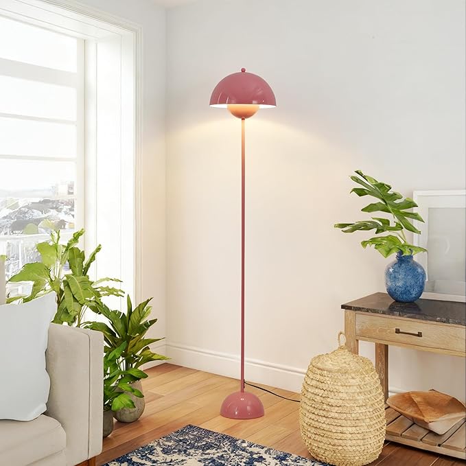 SUNLLOK Flower Pot Floor Lamp for Living Room, Metal Dome Lampshade Standing Floor Lamp with Foot Switch, Modern Reading Floor Light Fixture for Kitchen Island, Bedroom, Restaurant (Pink)