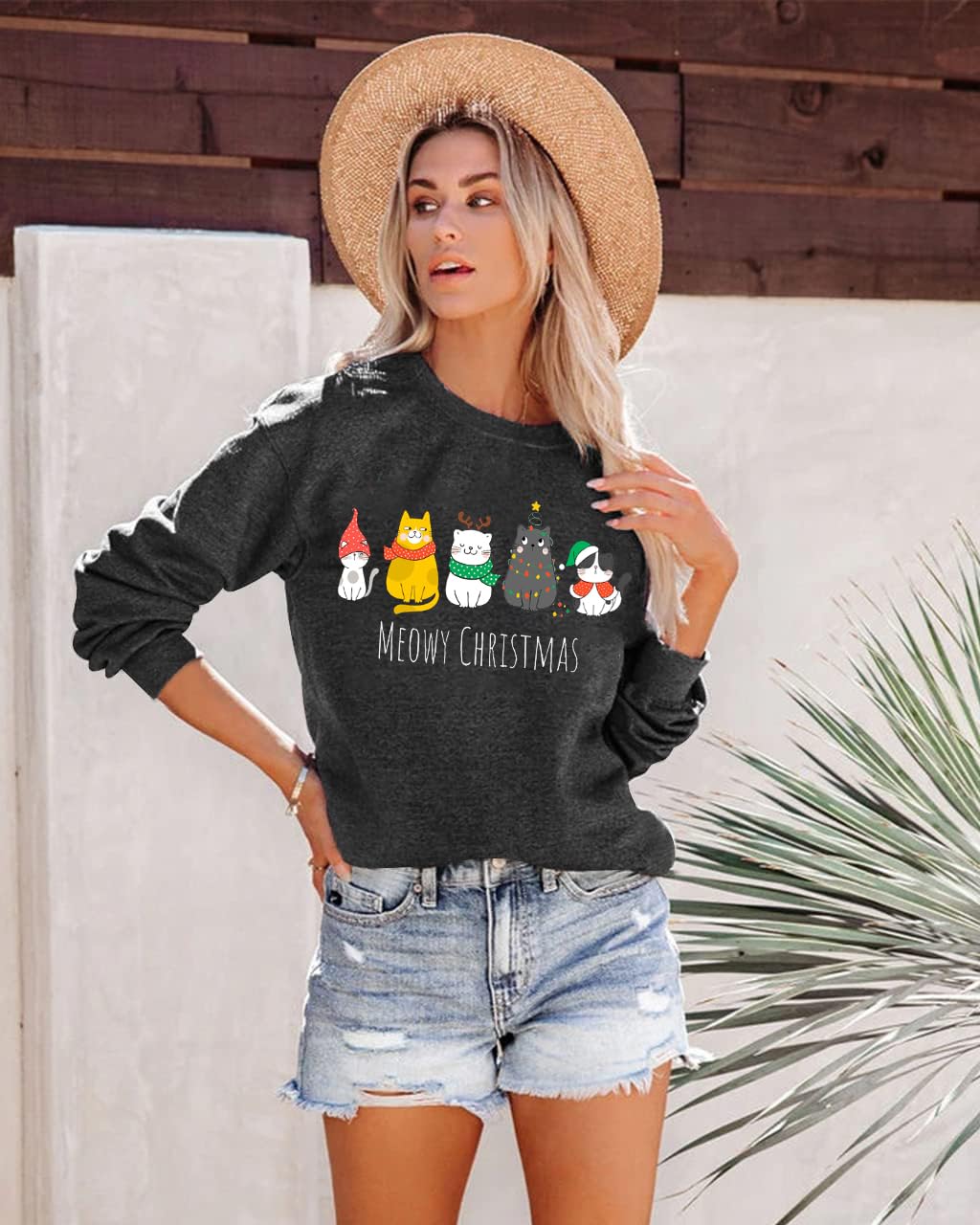 Christmas Sweatshirts for Women Cute Cat Shirts Ugly Christmas Shirt Funny Xmas Long Sleeve Holiday Pullover Tops