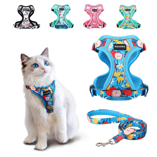 Halypet Cat Harness and Leash Set[MAX Safety 4th-Gen] Cute Escape Proof Vest Harness for Girl&Boy Cat Walking, Comfortable Adjustable Leash and Reflective Strips for Outdoor Kitten, S Azure Floral