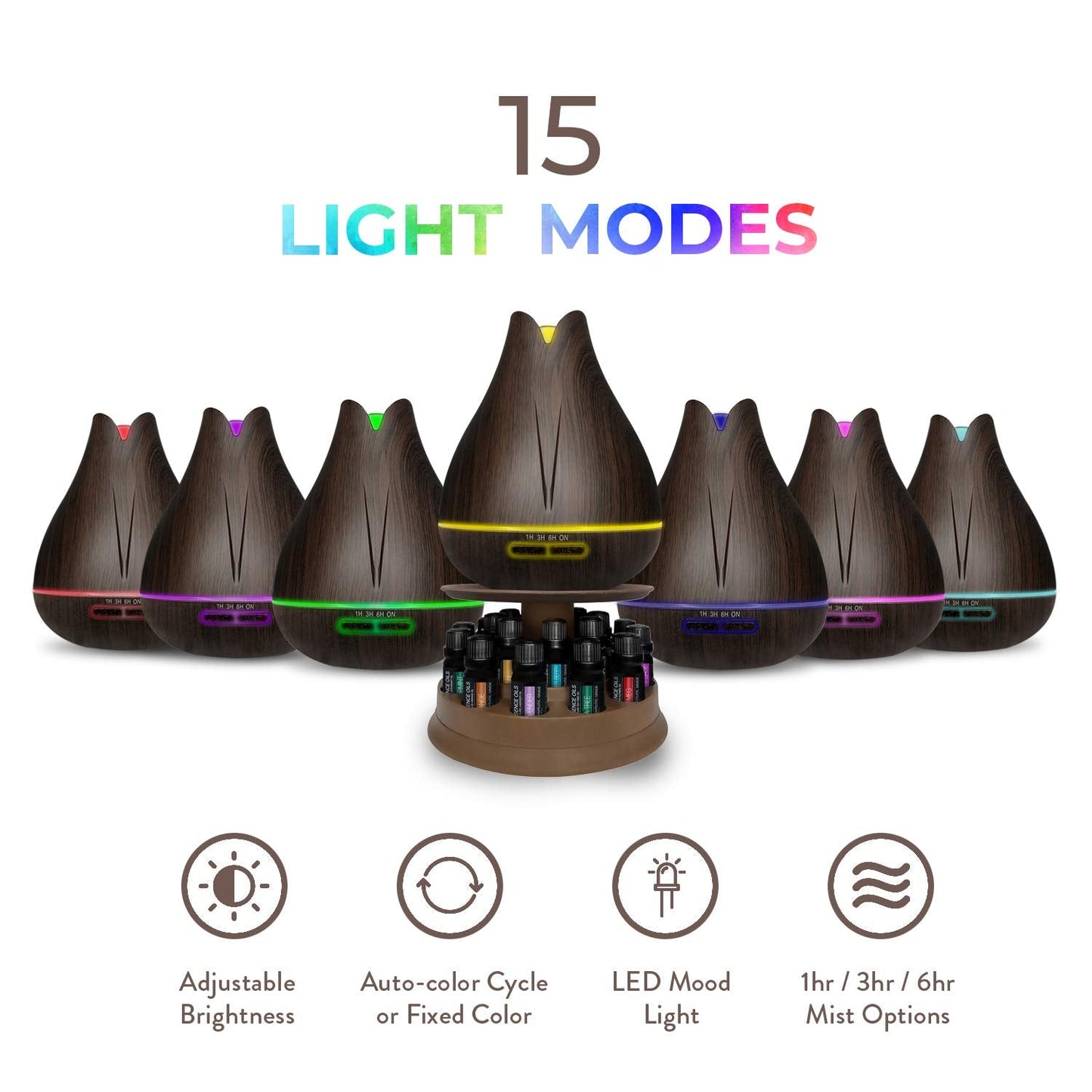 Aromatherapy Essential Oil Diffuser Gift Set with 20 Oils and Rotating Display Stand - 400ml Ultrasonic Diffuser with 20 Essential Plant Oils - 4 Timer & 7 Ambient Light Settings