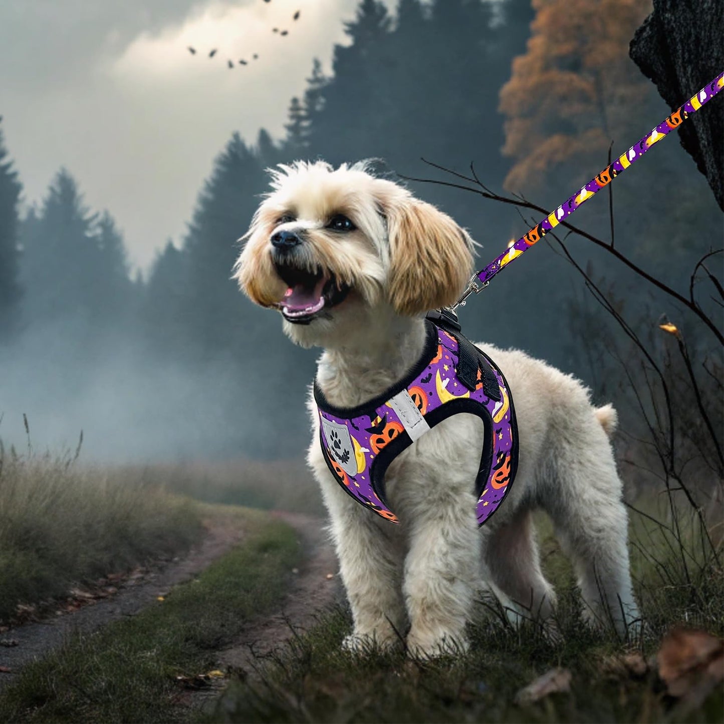 EXPAWLORER Halloween Puppy Harness - Dog Collar and Leash - Soft Mesh Padded Adjustable Step in Small Dog Vest Harness No Pull, Reflective Escape Proof for Outdoor Walking, Purple M