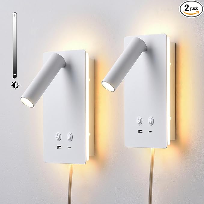 Dimmable Wall Mounted Reading Light for Bed, LED Wall Lamps with USB C+A Ports, Hardwire & Plug in 2 in 1 Wall Sconces with Switch, Eye-Caring Bed Side Lamp with 9W+3W Backlight 3000K (2 Pack)